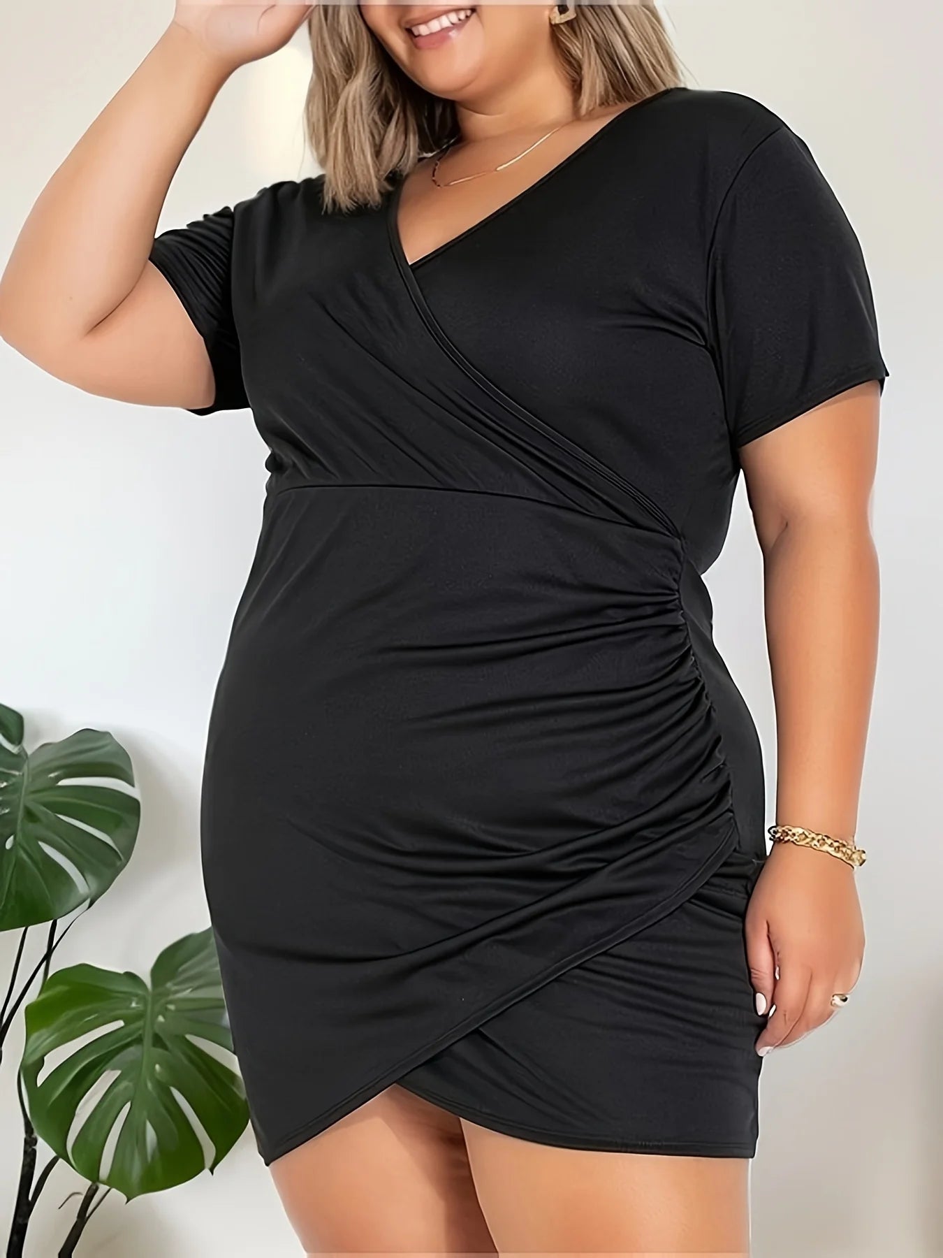 Plus Size1XL-5XL Solid Color Package Hip Dress V-neck Cross-fold Irregular Mini Dress Business Office Wear Sexy Elegant Fashion