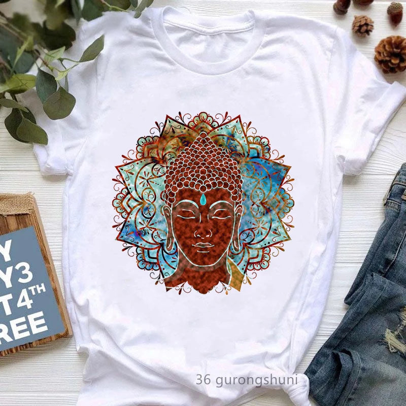 Newest Yoga Tree Print Tshirt Girls Summer Fashion Short Sleeve T Shirt Women Buddha Chakra Meditation T-Shirt Female Wholesale