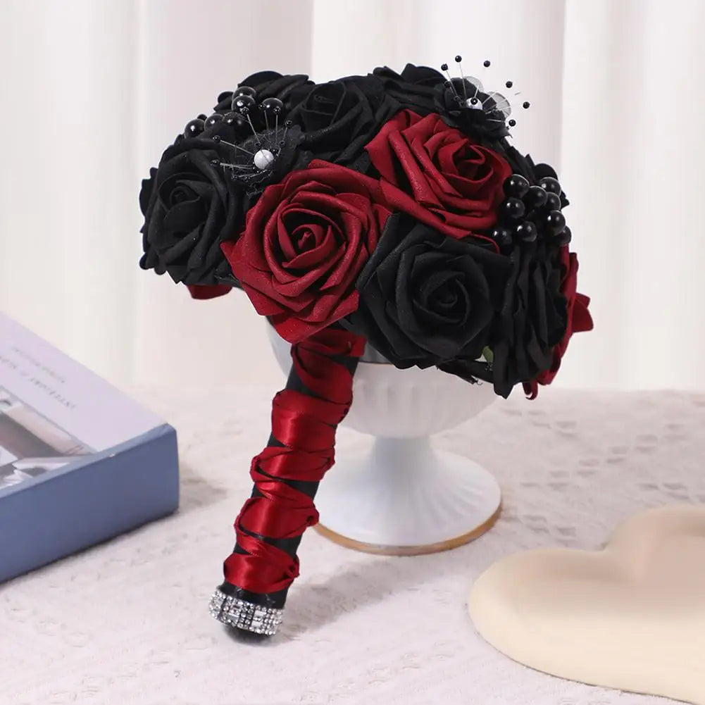 Yannew Black Burgundy Gothic Bridal Bouquets for Bride Bridesmaids Artifiicial Silk Foam Roses Flower Wedding Bouquet Halloween