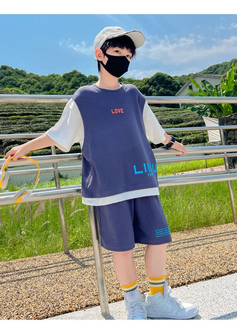 Junior Boys Summer Suit Children's Fashion Patchwork Short Sleeve Shorts Sports Suit Clothing 3-14Y Trend