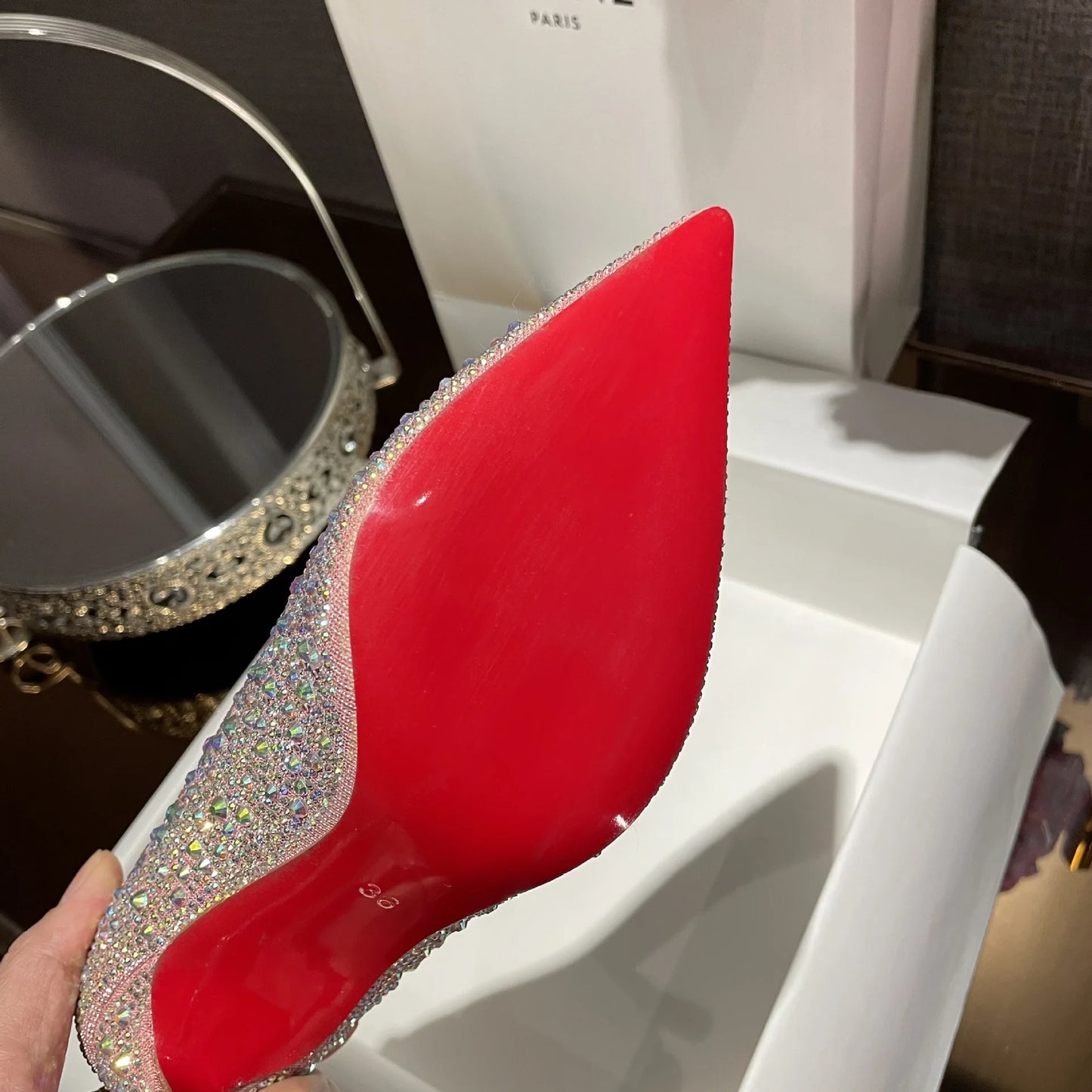 High Heels 2024 Summer New Fashion Versatile Black Rhinestone Single Shoe Red Sole Slim Heel Temperament Women's Shoes