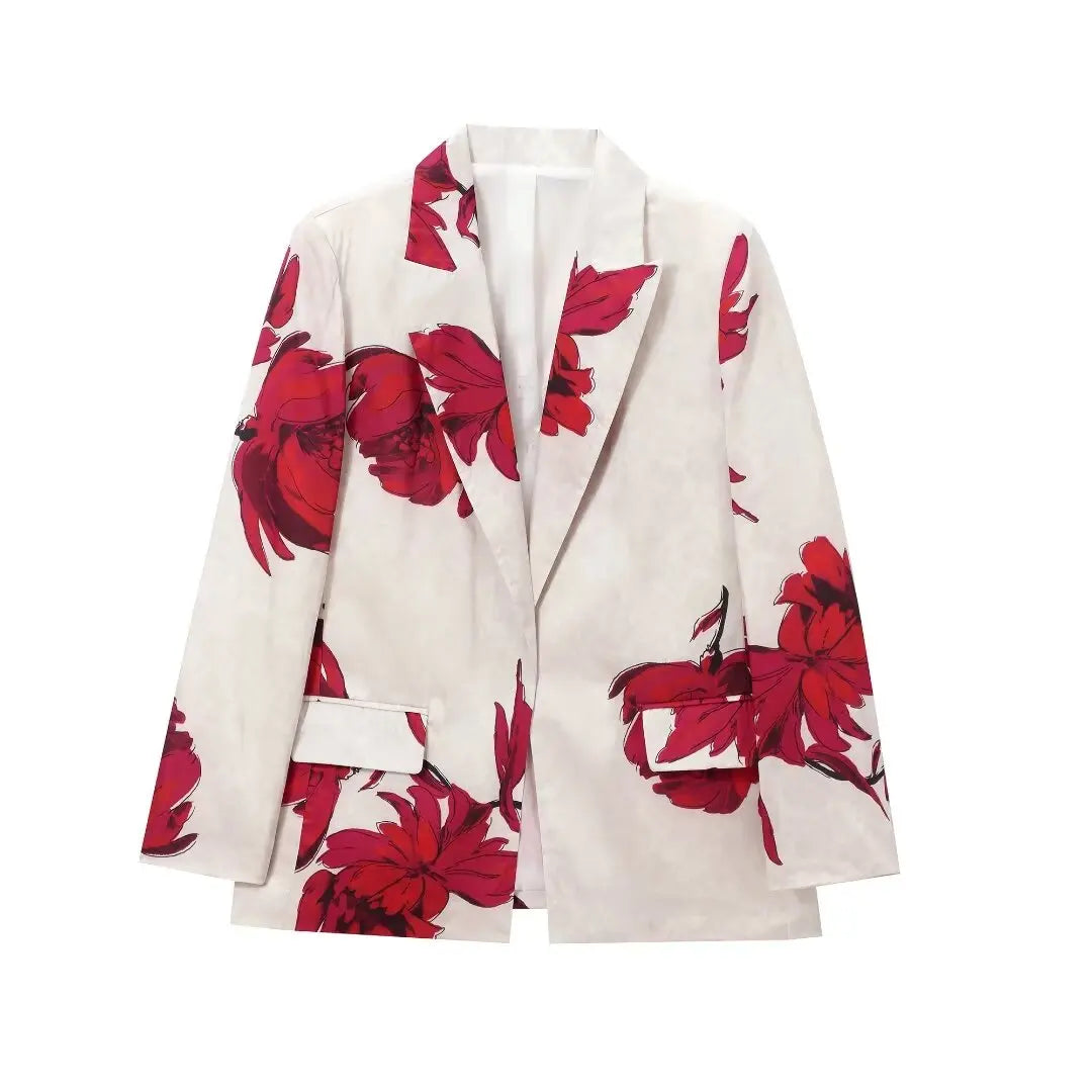 TRAFZA Women Print Lapel Long Sleeves Fake Pocket Decorate Blazer Top+2024 Slim Loose Side Zipper Wide Leg Pants Trouser Suit