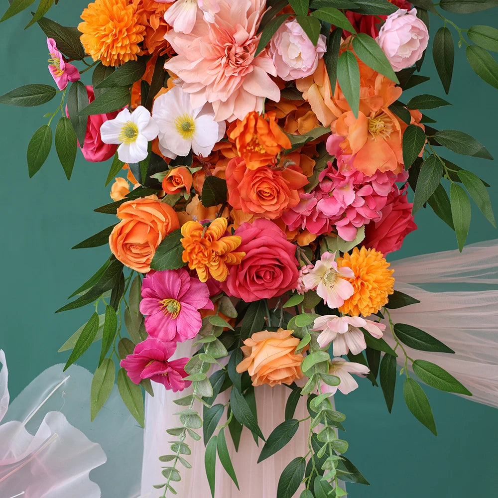 Flowers Artificial Decoration Orange Pink Series Rose Greens Floral Arrangement Bridal Bouquet for Wedding Event Decor J2601