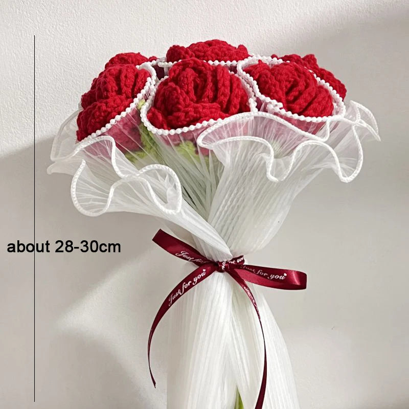 Handmade Knitted Crochet Artificial Rose Bouquet DIY Material Pack Wedding Decoration Bride Holding Flowers Valentine's Day Gift