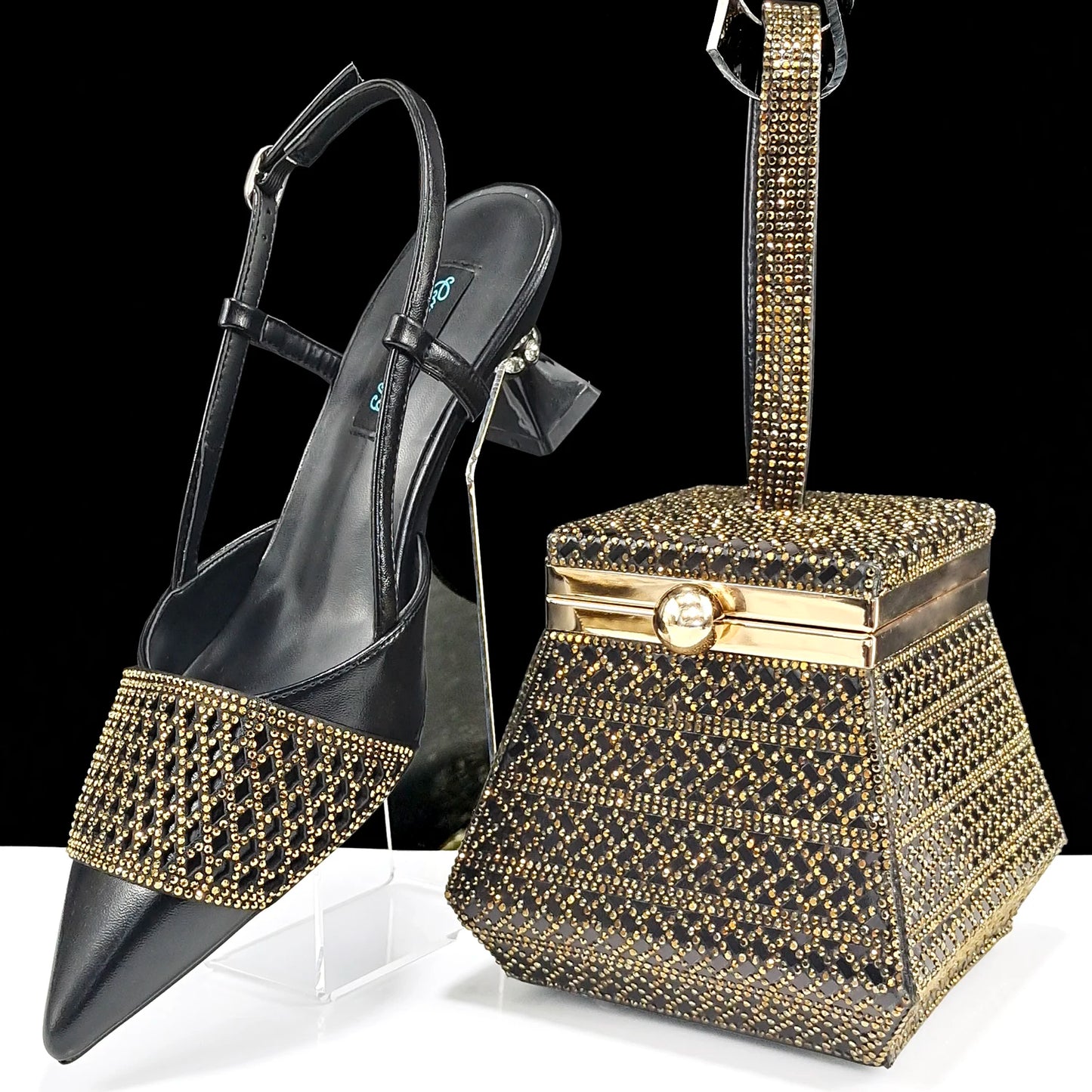 Newest Elegant Mature Style Black Color Party Wedding High Heel Pointed Toe Women Shoes and Bag full of Sequins Decoration
