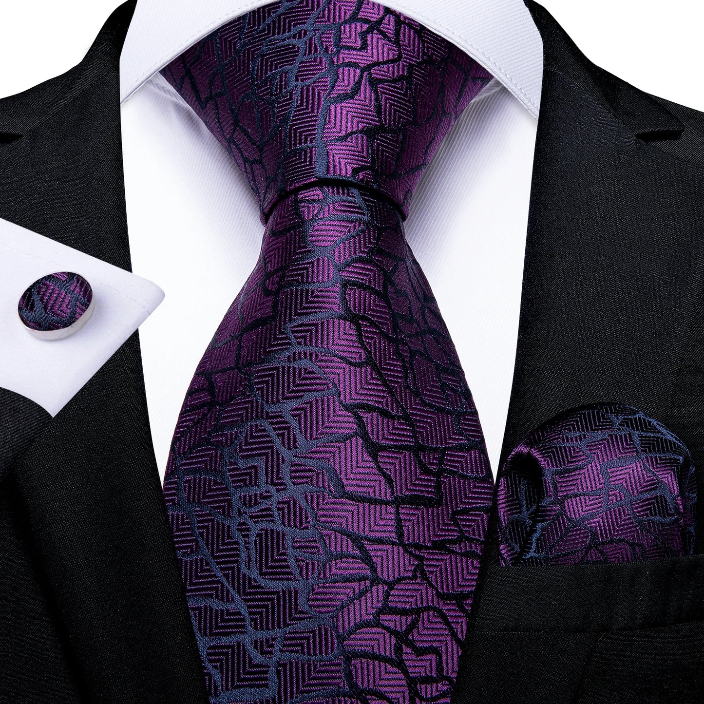 Solid Black Plaid Men's 8cm Polyester Neck Tie Handkerchief Cufflinks Set with Gift Box Tie Clip Birthday Anniversary Gift
