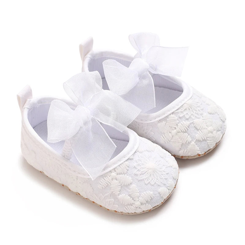VALEN SINA 0-18 Months Newborn Girl White Baptism Shoes Bow Non-slip Rubber Soft-Sole Flat PU First Walker Mary Janes