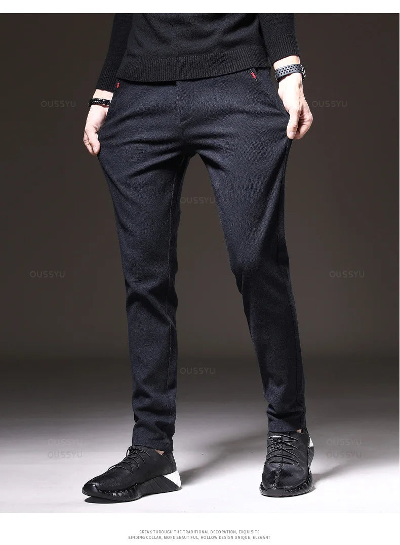 Autumn Winter New Classic Casual Pants Men Thick Business Korea Slim Fit Stretch Gray Blue Black Brushed Fabric Trousers Male