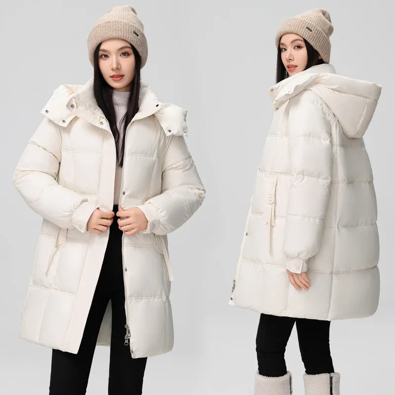 2024 New Winter Women Jacket Mid Long Hooded Parka Cotton Padded Jacket Female Parkas Loose Casual Warm Outwear Snow Wear Coats