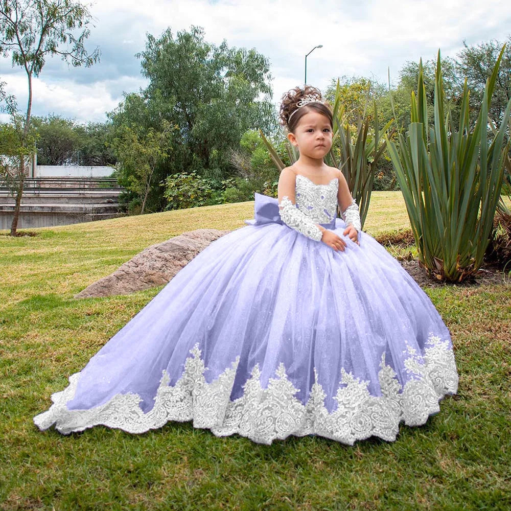 Long Sleeves Flower Girl Dresses For Weddings Toddlers Satin Bow Ball Gown Pageant Dress Sparkly 1st Communion Party Gowns