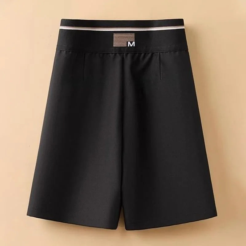 Female Korean Solid Color Spliced Casual Knee Pants Female Summer Fashion All-match High Waist Straight Pants Women's Clothing