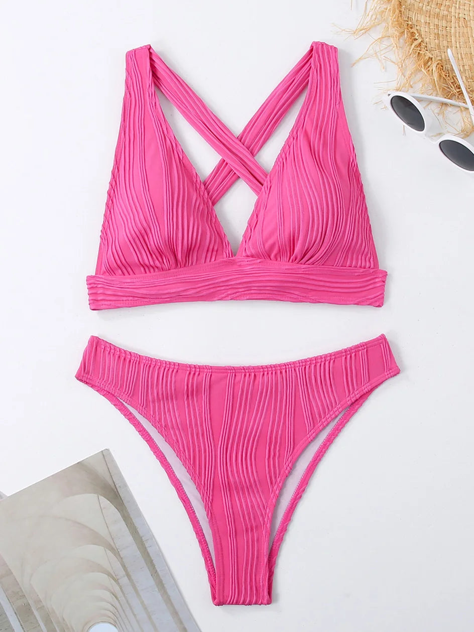 Sexy Criss Cross Tie Back Bikini Women's Swimsuit 2024 Swimwear Trend Bathing Suits Hight Waist Bikinis Sets Push Up Beach Wear