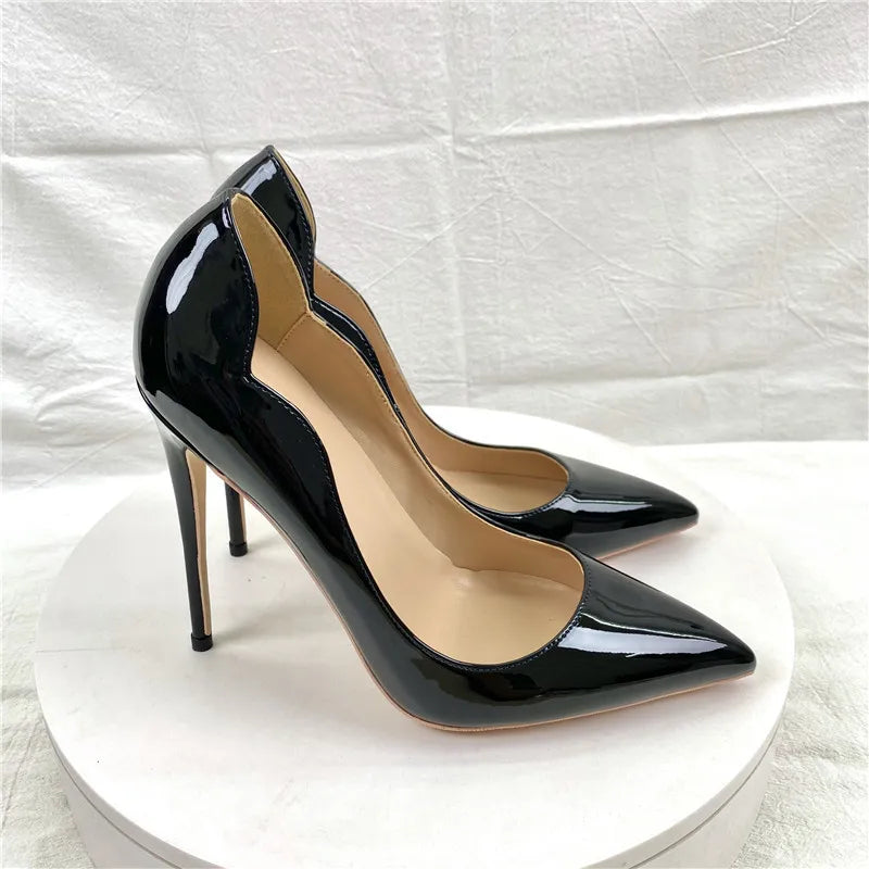 Elegant Glossy Black Curl Cut Women Pointy Toe 12cm High Heel Shoes Sexy V Cut Lady Party Wedding Stiletto Pumps Size 45