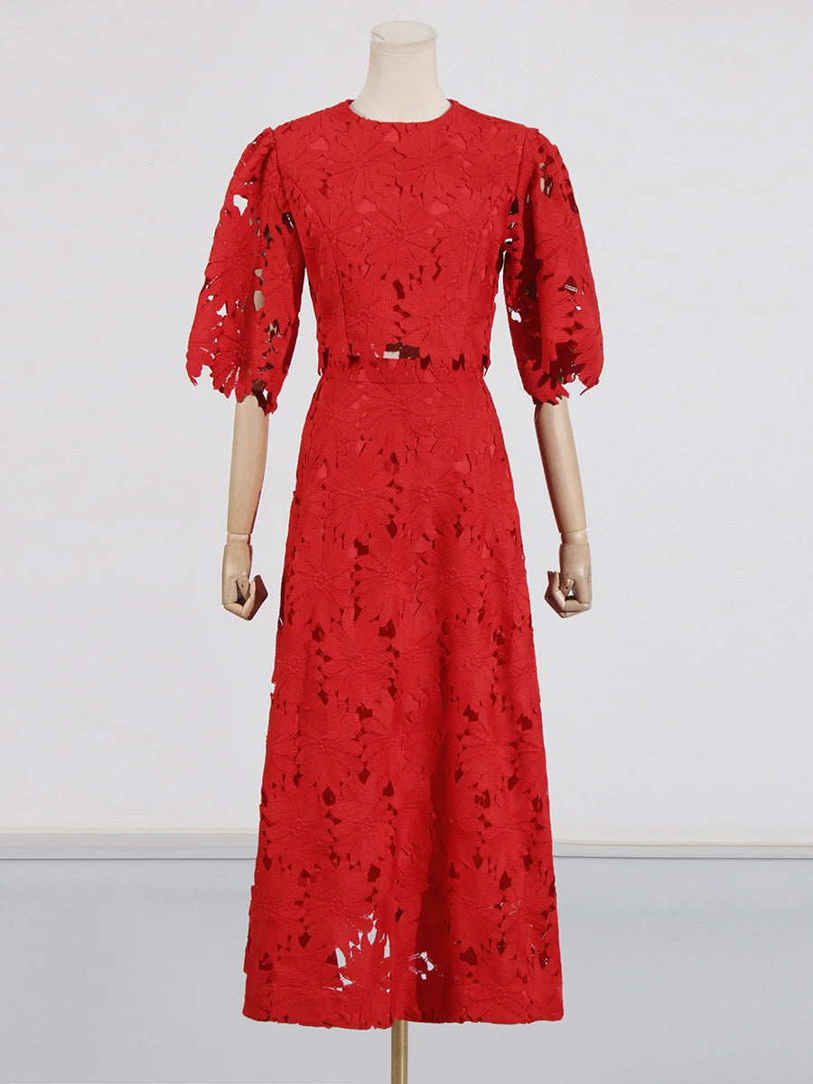 VGH Embroidery Two Piece Set for Women O Neck Batwing Sleeve Top High Waist Hollow Out A Line Long Skirt Elegant Suit Female New