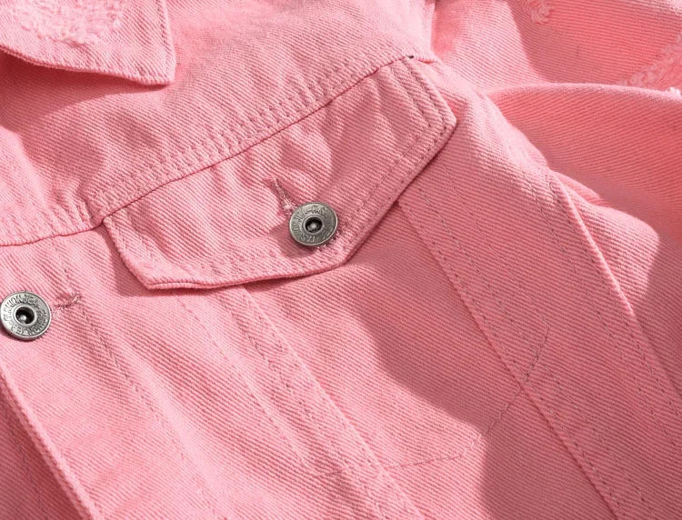 Men Pink Denim jackets Outerwear Jean Coats New Spring Autumn Men Holes Jena Jackets Men Slim Denim Jackets Size 4XL