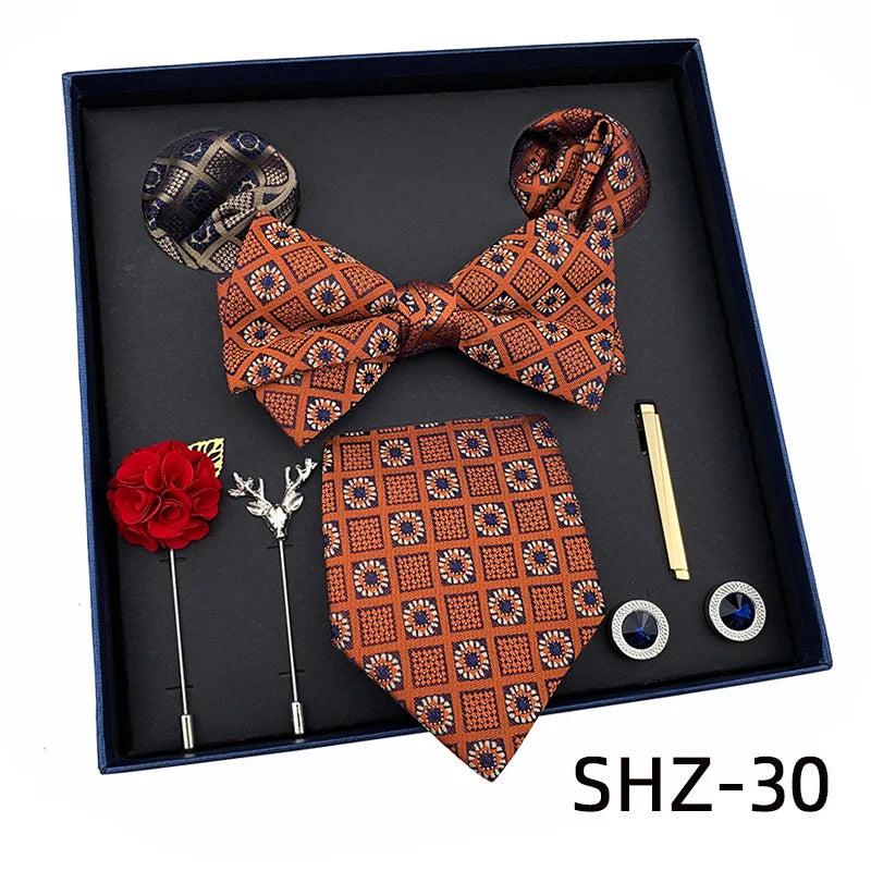 Vintage Green Men's Tie Set Luxury Neck Ties For Wedding Gift Bowtie Handkerchief Cufflinks Tie Clip Brooch Set For Male Necktie