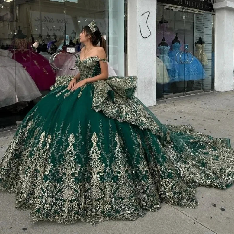 ANGELSBRIDEP Luxury Emerald Green Quinceanera Dress Golden Lace Applique Princess Birthday Party Vestidos De 15 Anos Customized