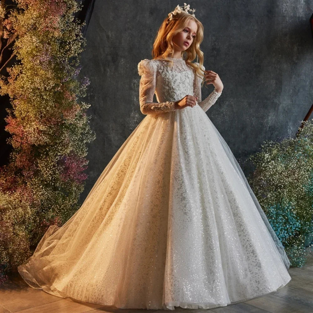 Flower Girls Dress For Wedding Party Butterfly Baptism Gowns Tulle Long Sleeve High Neck Appliques First Communion Gown