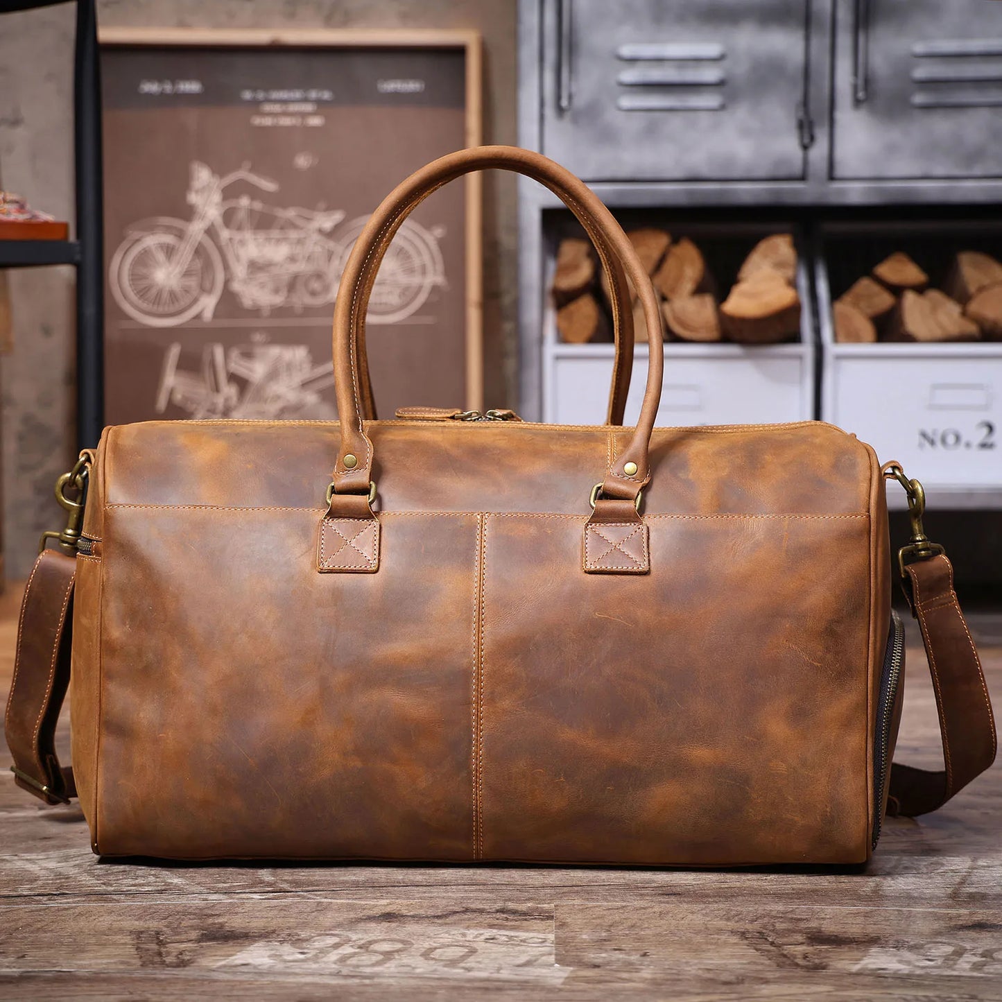 S.WORKER Vintage Genuine Leather Travel Bag Crazy-horse Cowhide Leather Duffel Bag Handicrafted Weekender Bag Gym Bag