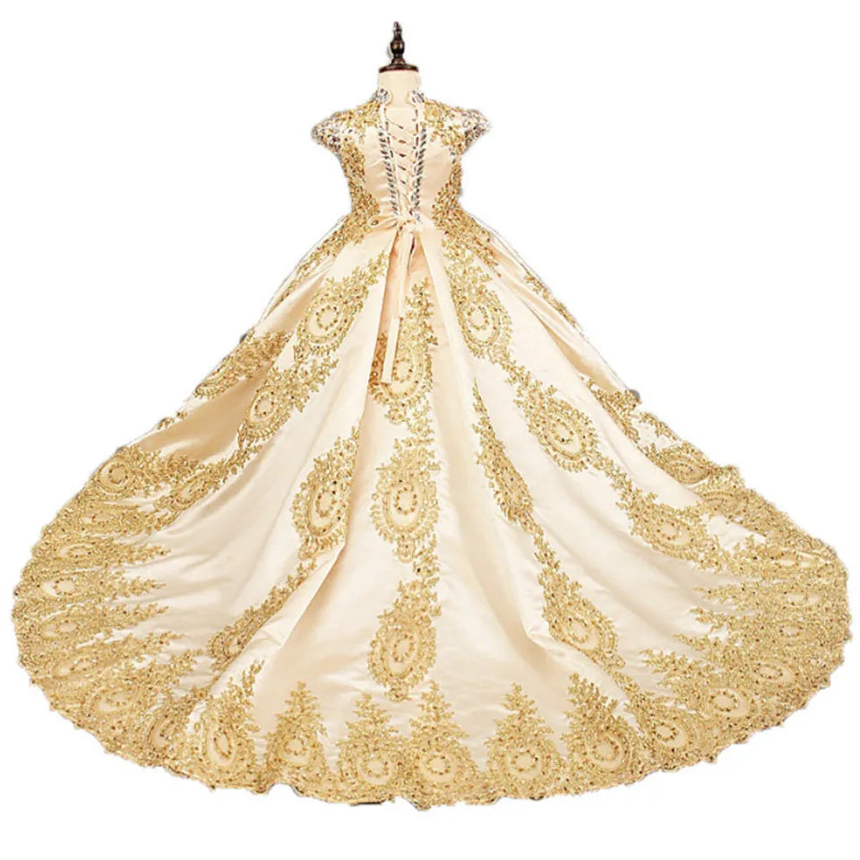 Gorgeous Golden Long Flower Girl Dresses for Wedding Pageant Birthday Cap Sleeve Lace Appliques Child Holy Communion Gown