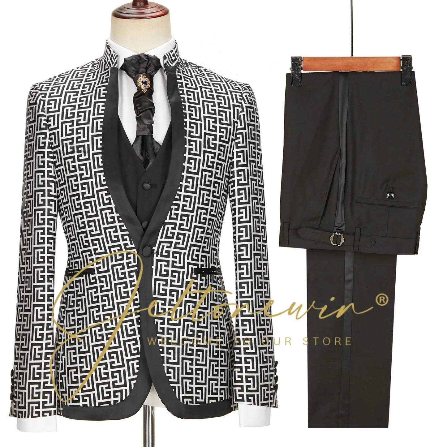 Latest Design Black White Dots Mens Suits For Wedding Shawl Lapel Groom Tuxedos Slim Fit Terno Masculino Prom Party 3 Pieces Set