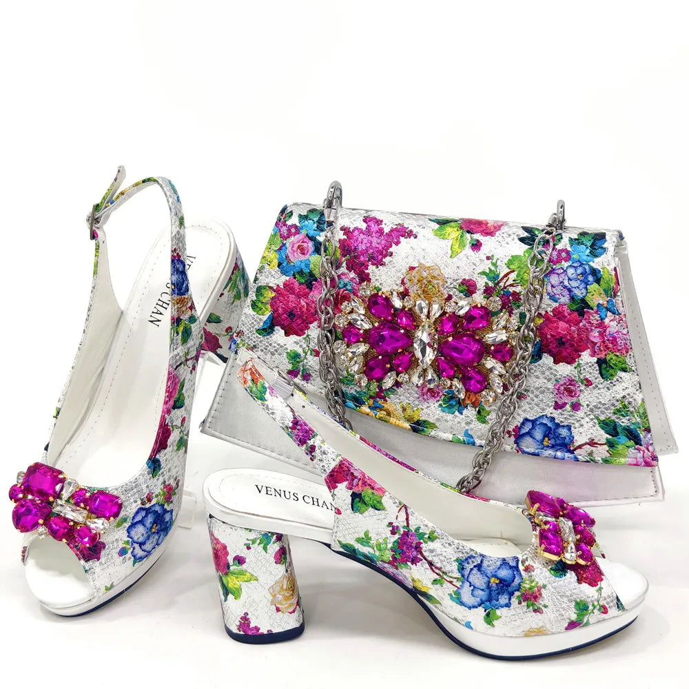 Venus Chan Italian Sandals and Bags Matching Set 2024 Women Heel Party for Gold Colour Wedding Bigger Size Thick Heel Shoes