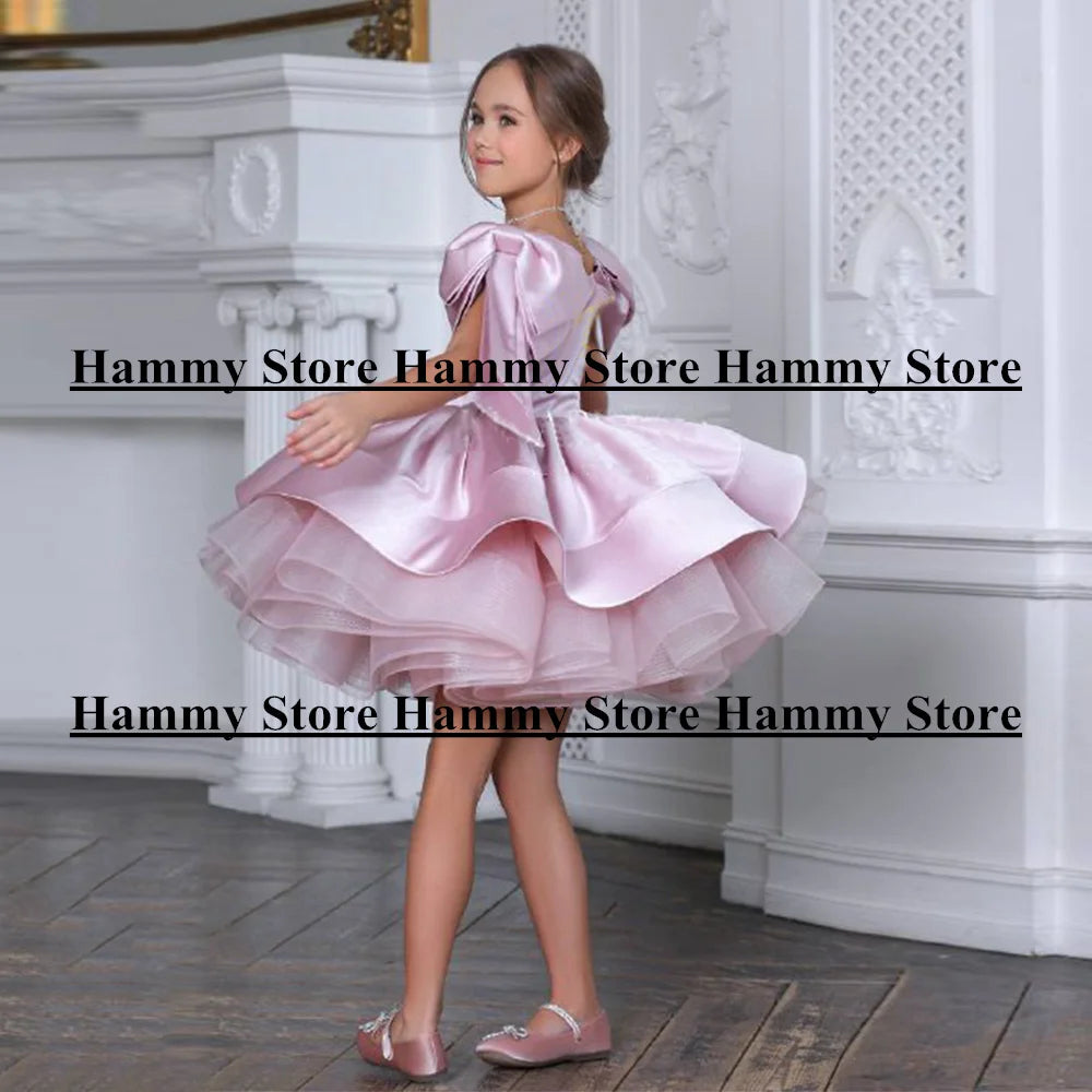 Dusty PinK Flower Girl Dress Customized Scoop Neck Off The Shoulder Big Bow Puff Cute Birthday Party Dresses Communion Gown