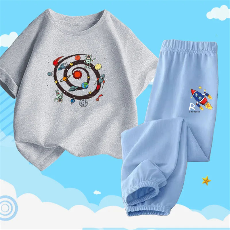 Boys Summer Clothes Set Kids Cartoon Space T shirts+Loose Harlan pants Suit 2PCS Pack Teens Sports Clothing Sets