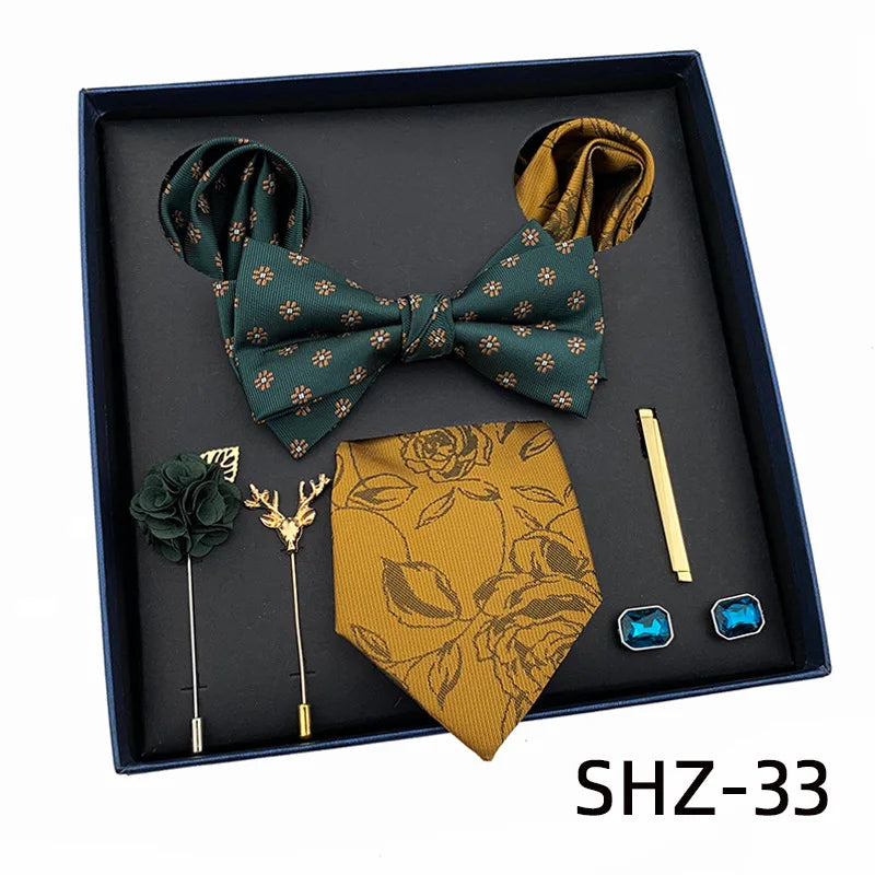 Vintage Green Men's Tie Set Luxury Neck Ties For Wedding Gift Bowtie Handkerchief Cufflinks Tie Clip Brooch Set For Male Necktie