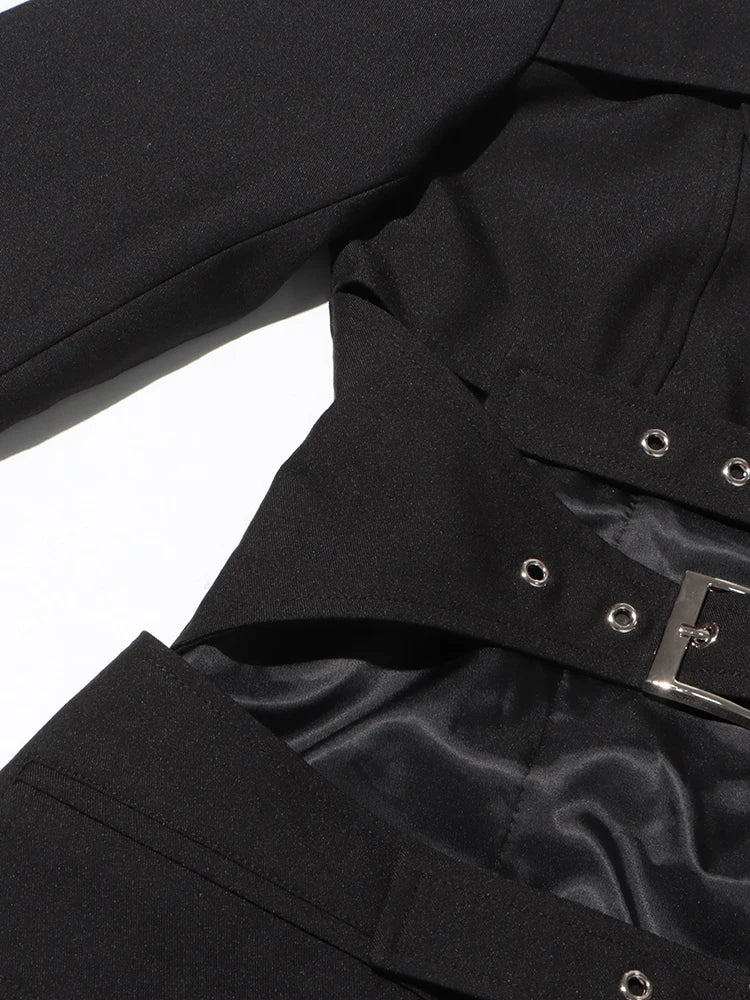 TWOTWINSTYLE Solid Hollow Out Sexy Long Coat For Women Lapel Long Sleeve Spliced Belt Chic Sexy Asymmetrical Jackets Female New