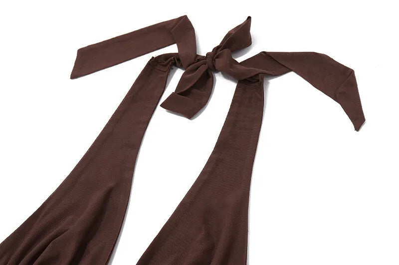 Mozision Hollow Out Lace-up Sexy Skirt 2 Piece Sets Women Brown Halter Crop Tops And Maxi Skirt Female Skinny Sexy Two Piece Set
