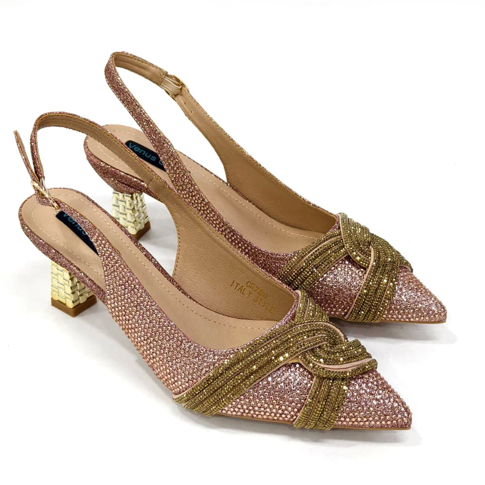 Venus Chan 2024 Special Design High Quality Orange Color African Women Shoes and Bag Set with Shinning Crystal for Wedding Party