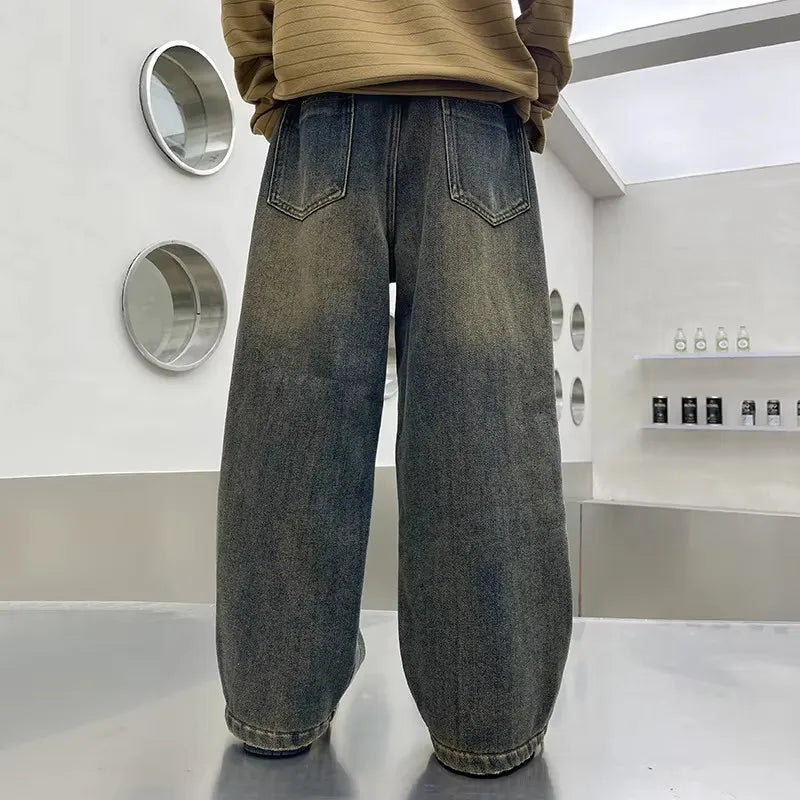 Autumn Winter School Boy Insulate Jeans Denim Pants Streetwear Child Retro Blue Straight Cut High Waist Warm Thermal Trousers