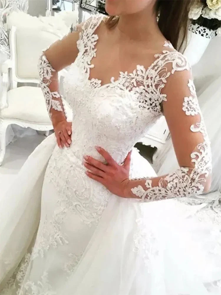 Luxury White 2 in 1 Detachable Mermaid Wedding Dresses 2025 Lace Appliques Saudi Arabia Long Sleeves Bride Gown Vestido De Noiva