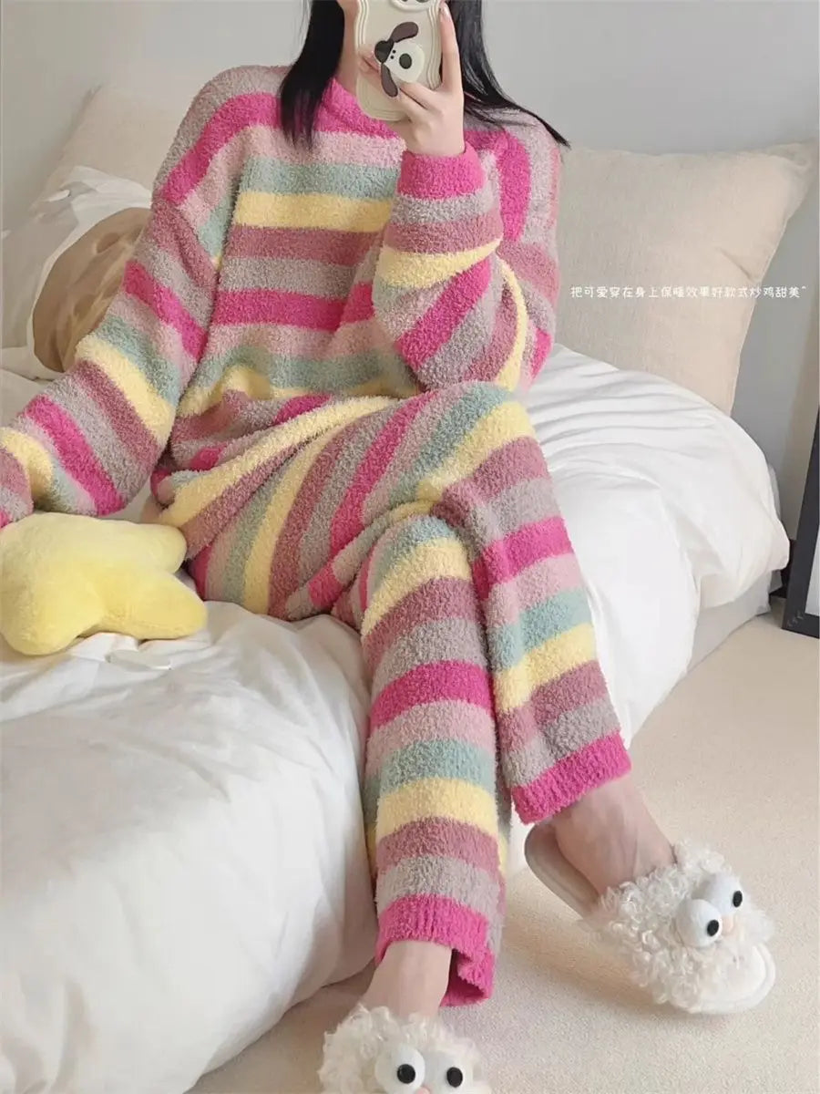 Winter Pajamas for Women: Cute Rainbow Pattern Korean Style Simple Half-Fleece Warm Pajamas Homewear Women's Winter Set