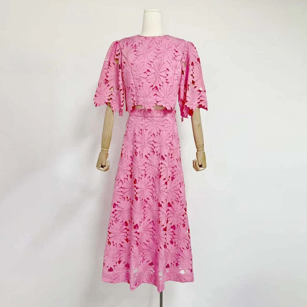 VGH Embroidery Two Piece Set for Women O Neck Batwing Sleeve Top High Waist Hollow Out A Line Long Skirt Elegant Suit Female New