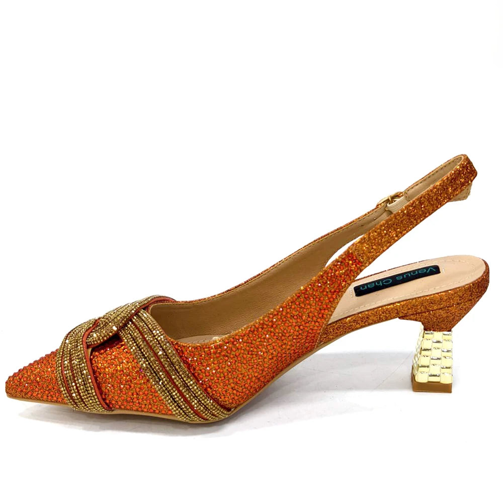 Venus Chan 2024 Special Design High Quality Orange Color African Women Shoes and Bag Set with Shinning Crystal for Wedding Party
