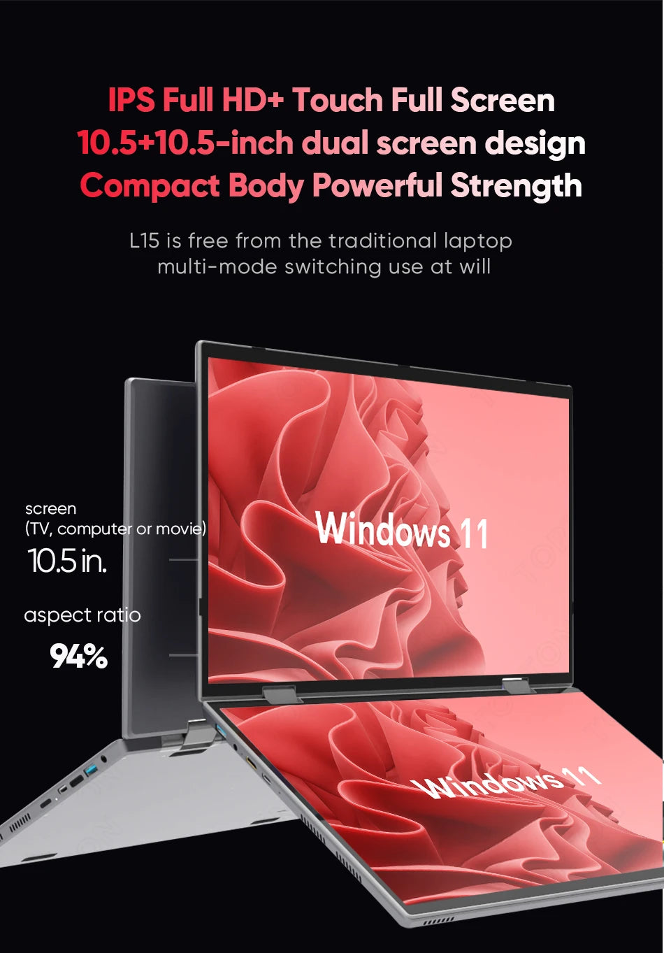 Topton L15 360° YOGA Laptop Intel N95 Dual 10.5 Inch IPS Touch Screen Windows 11 2 in 1 Tablet PC Notebook Office Mini Computer