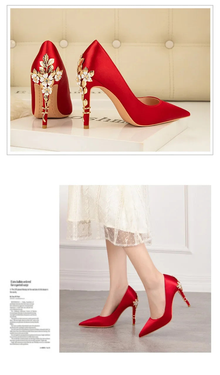 Women's Metal Flowers Stiletto High-heel Shoes Female Light Luxury Sexy Fashion Wedding Shoes Pointed Toe Satin Single Shoes