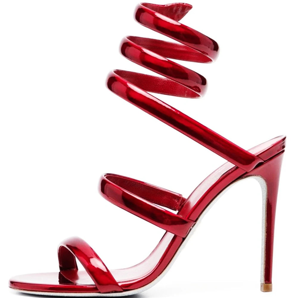 Summer new round toe silk ribbon snake-shaped wrapped sexy sandals thin high-heeled banquet dress large size women's shoes