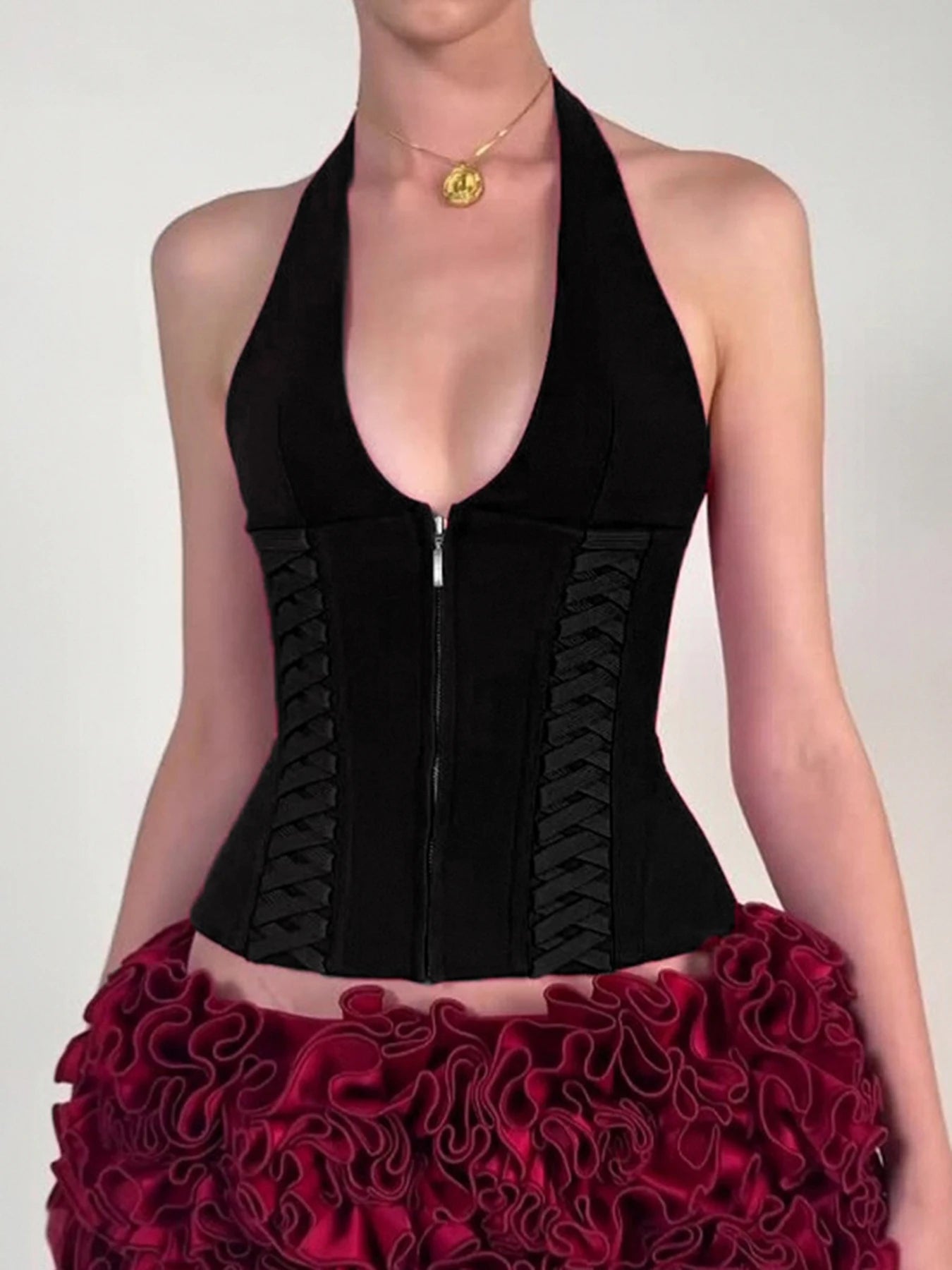 Fashion Solid V-Neck Bandage Zipper Women Tank Trendy Chic Design Sexy Slim Hotsweet Summer New Blouses