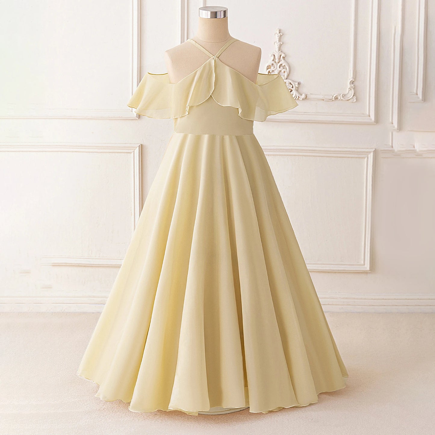 Ruffle Girls Party Bridesmaid Strap Dress off Shoulder Long Wedding Princess Prom Dresses Kids Elegant Beach Birthday Evening
