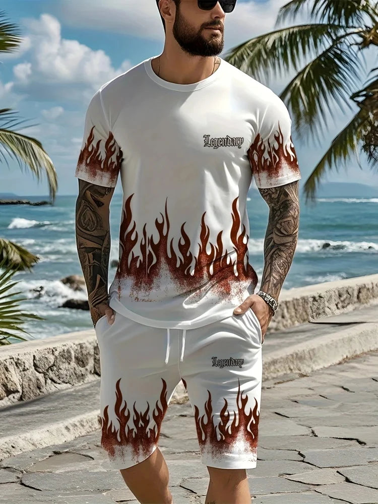 Men's Summer Short Sleeve Set Hip Hop Cartoon Bear Print Short Sleeve Top Shorts Casual Two-piece Outdoor Urban Street Fashion