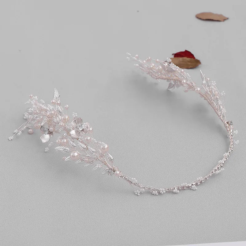Silver Color Leaf Pearl Headband Tiara For Bridal Hair Accessories Wedding Hair Band Crystal Pearl Tiaras and Brides Headpieces