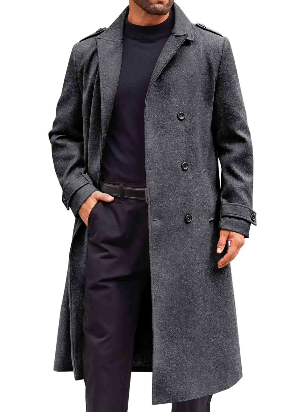 Runcati Mens Double Breasted Trench Coat Notched Lapel Long Peacoat Classic Casual Winter Overcoat