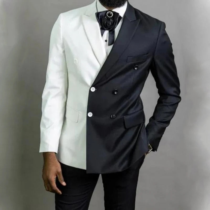 Elegant Black White Men Suit Slim Fit Peak Lapel Double Breasted 2 Piece Formal Groom Wedding Tuxedos Blazer+Pants Costume Homme