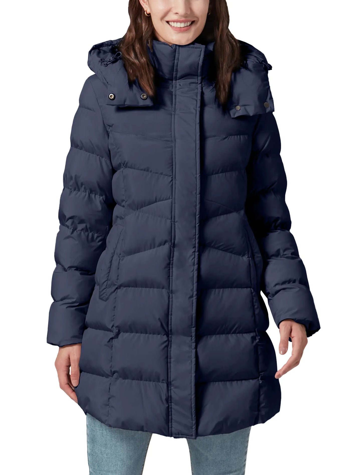 PUREPEAR Puffer Jacket for Women Winter Warm Quilted Thicken Zipper Coats with Detachable Hood Navy Blue M
