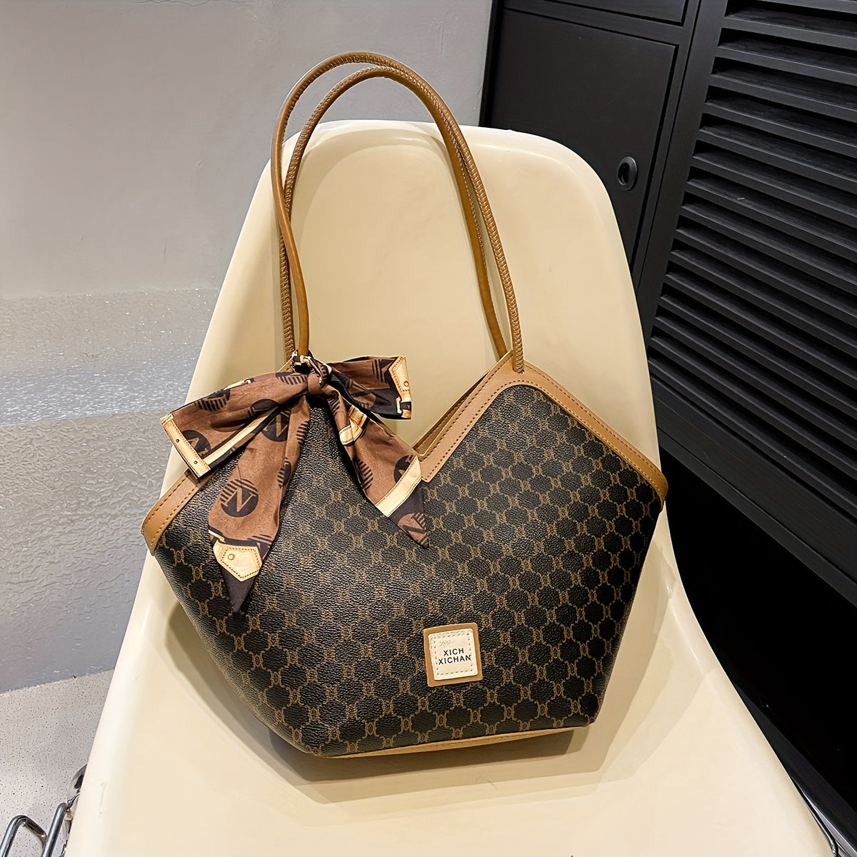 LABOONOO Women'S Extra Large Tote Bag - Stylish Shoulder Handbag with Ribbon Bow, Black & Brown Pattern, Zipper Closure, Perfect for Everyday Use, Ladies Handbags