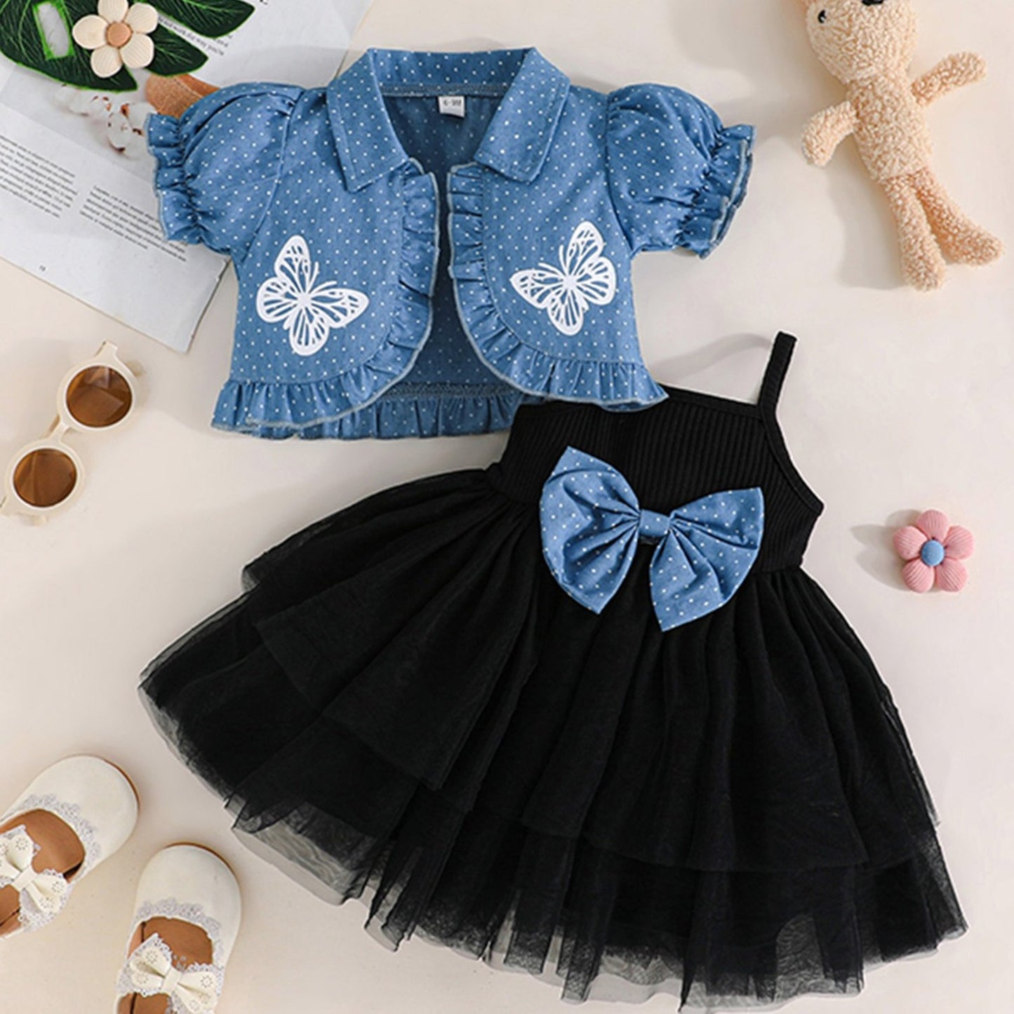 Youngsters Girl Summer Outfits Tulle Spaghetti Strap Bow A Line Dress with Dot Butterfly Print Short Puff Sleeve Cardigan, Perfect for Outdoor