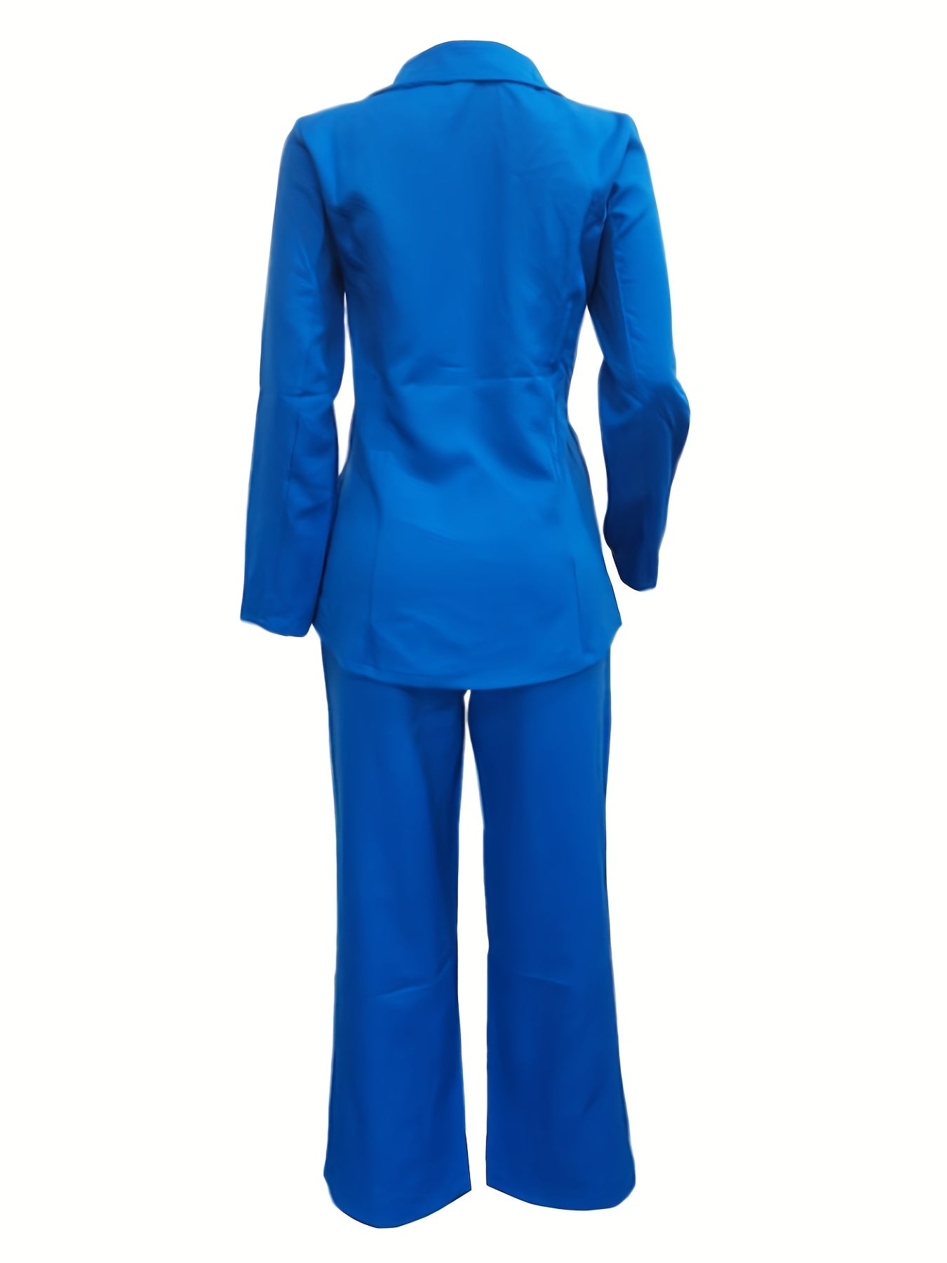 Women's Elegant Two-Piece Suit - Royal Blue, Zippered Lapel Collar Jacket with Decorative Golden Buttons & Straight-Leg Pants, Polyester, Perfect for Work & Casual Events
